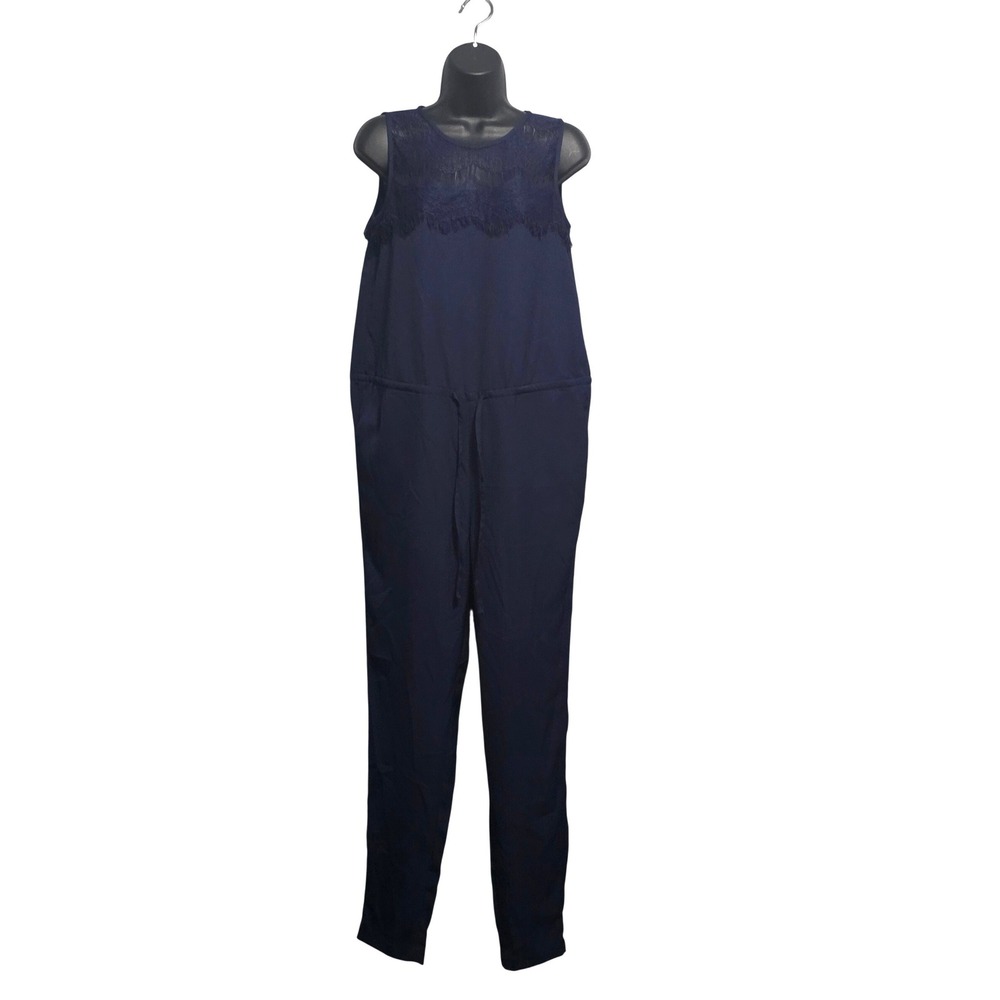 Charming Charlie Womens Navy Blue Lace Yoke Drawstring Jumpsuit Sz Small l